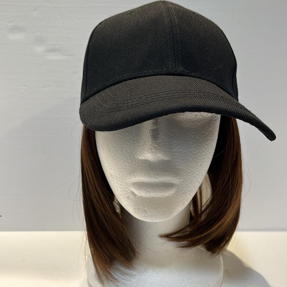Black Baseball Cap with attached Brown Hair Extension - NWOT